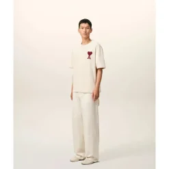 AMI Paris - Ami de Coeur Embroidered T-Shirt (Moonlight / Sunset Red Heart)