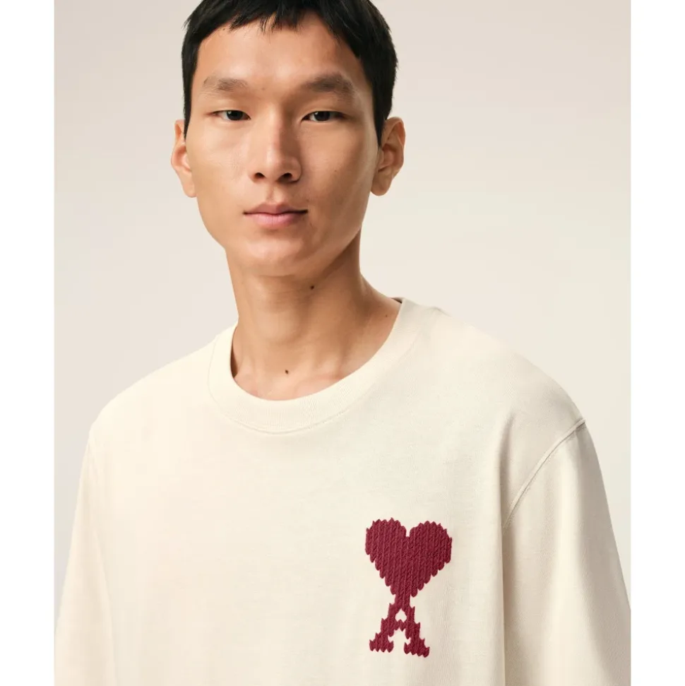 AMI Paris - Ami de Coeur Embroidered T-Shirt (Moonlight / Sunset Red Heart)