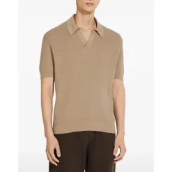 Beige Polo T-shirt Ribbed Hem