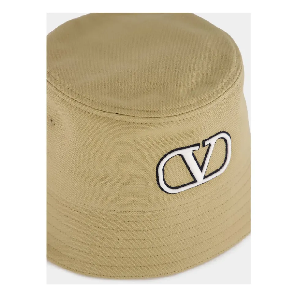 Beige Katoenen VLogo Bucket Hoed