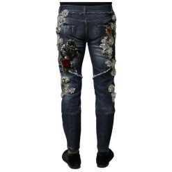 Blauwe Rhinestone Versierde Skinny Denim Jeans