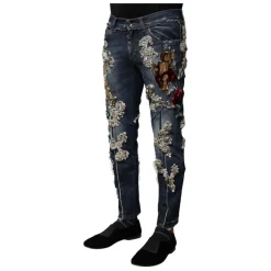 Blauwe Rhinestone Versierde Skinny Denim Jeans