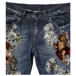 Blauwe Rhinestone Versierde Skinny Denim Jeans