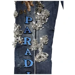 Blauwe Rhinestone Versierde Skinny Denim Jeans