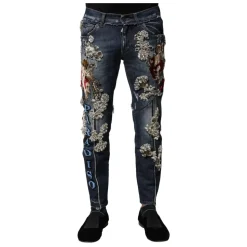 Blauwe Rhinestone Versierde Skinny Denim Jeans