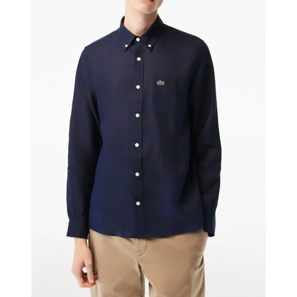 Blauw Linnen Overhemd met Korte Mouwen