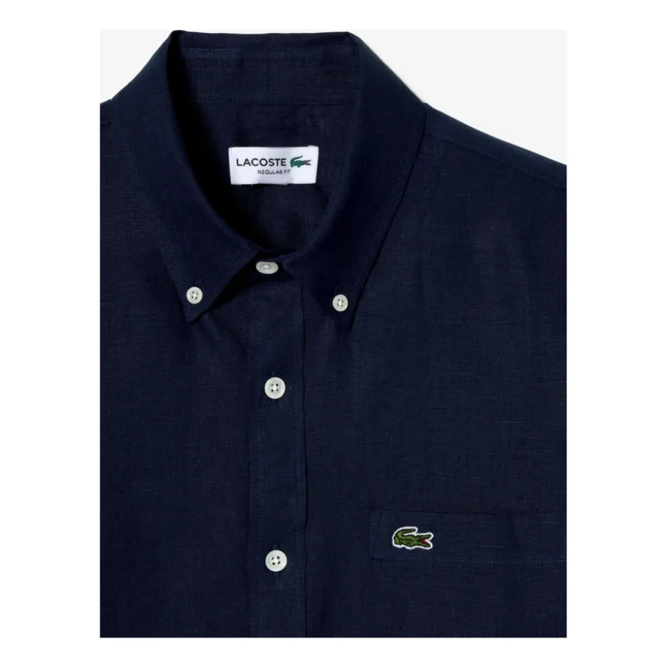 Blauw Linnen Overhemd met Korte Mouwen