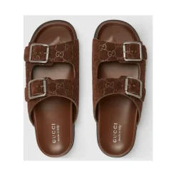 Bruin Leren Platte Zool Slides