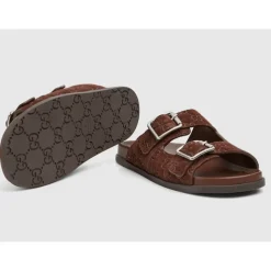 Bruin Leren Platte Zool Slides