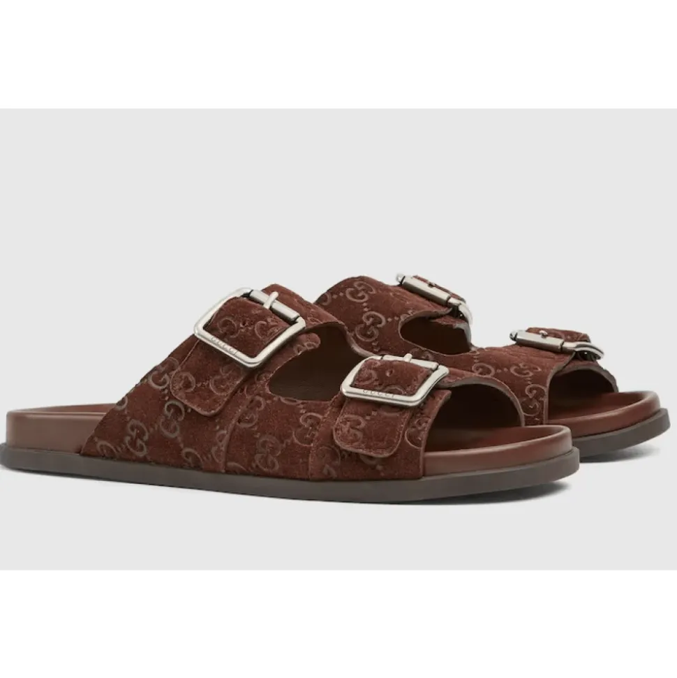 Bruin Leren Platte Zool Slides