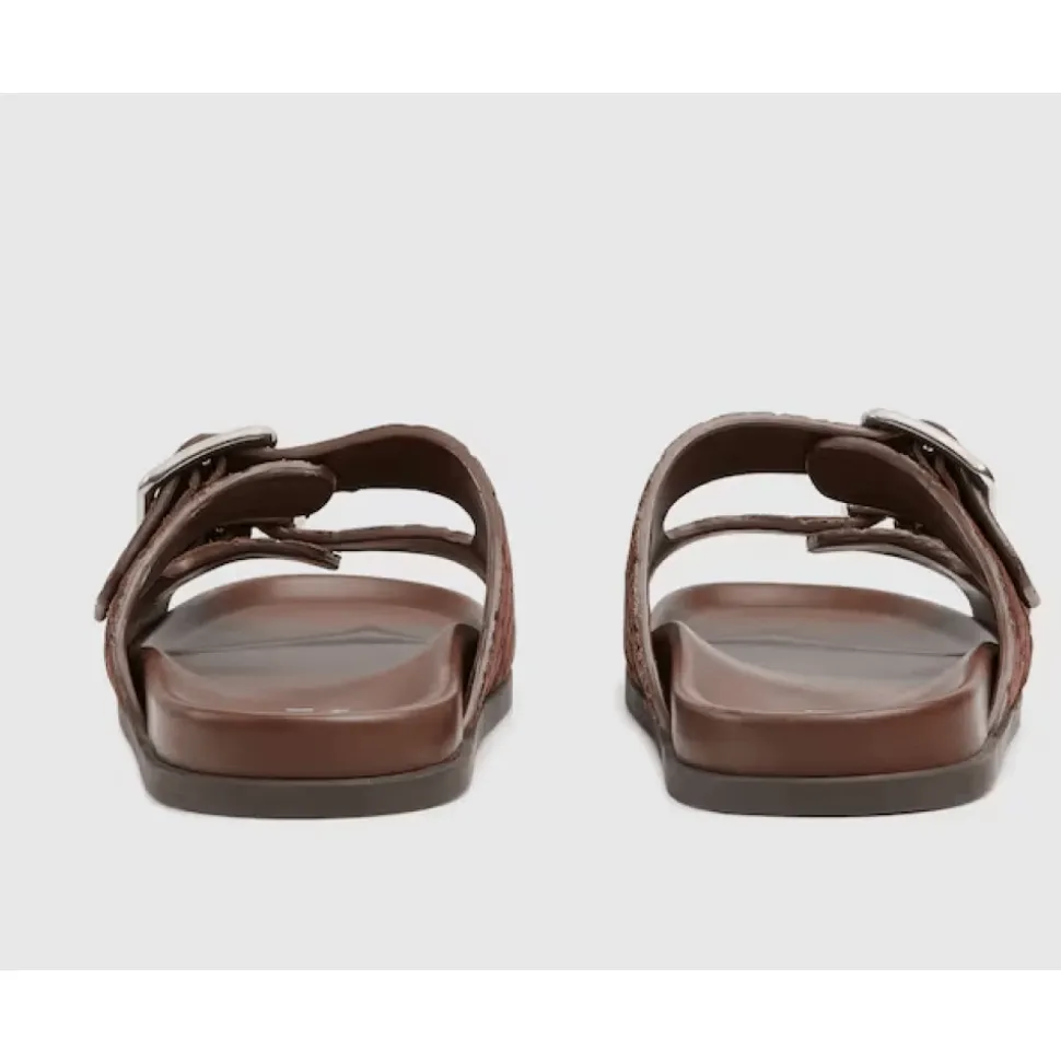 Bruin Leren Platte Zool Slides
