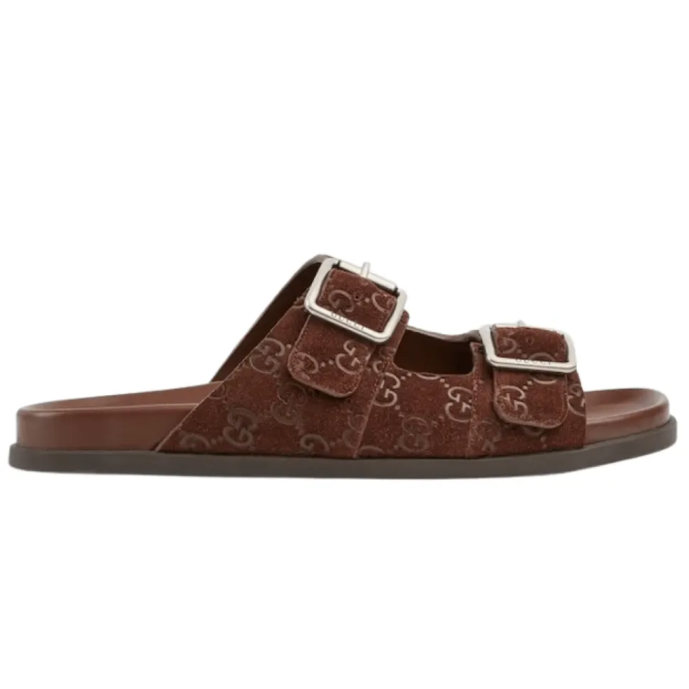 Bruin Leren Platte Zool Slides