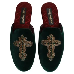 Groene Velvet Cross Embellished Slippers