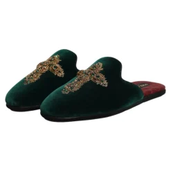 Groene Velvet Cross Embellished Slippers