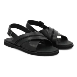 Kazar zwarte leren herensandalen met gekruiste banden