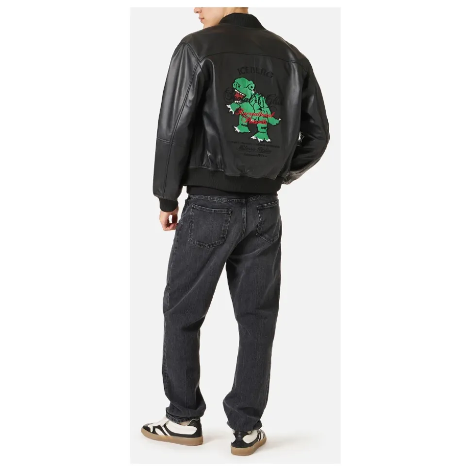 Leren jas met dinosaurusborduurwerk