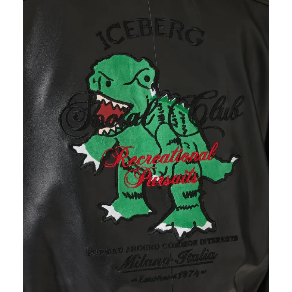Leren jas met dinosaurusborduurwerk