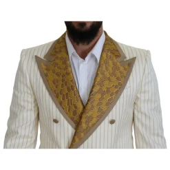 Off White Gouden Gestreepte Tuxedo Slim Fit Pak