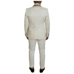 Off White Gouden Gestreepte Tuxedo Slim Fit Pak