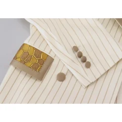 Off White Gouden Gestreepte Tuxedo Slim Fit Pak