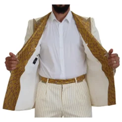 Off White Gouden Gestreepte Tuxedo Slim Fit Pak