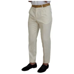 Off White Gouden Gestreepte Tuxedo Slim Fit Pak
