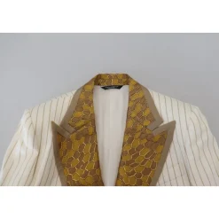 Off White Gouden Gestreepte Tuxedo Slim Fit Pak