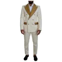 Off White Gouden Gestreepte Tuxedo Slim Fit Pak