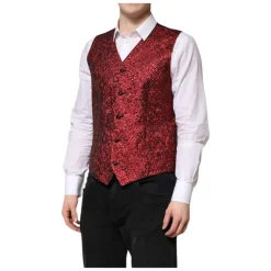 Rode Bloemen Brokaat Formeel Heren Vest